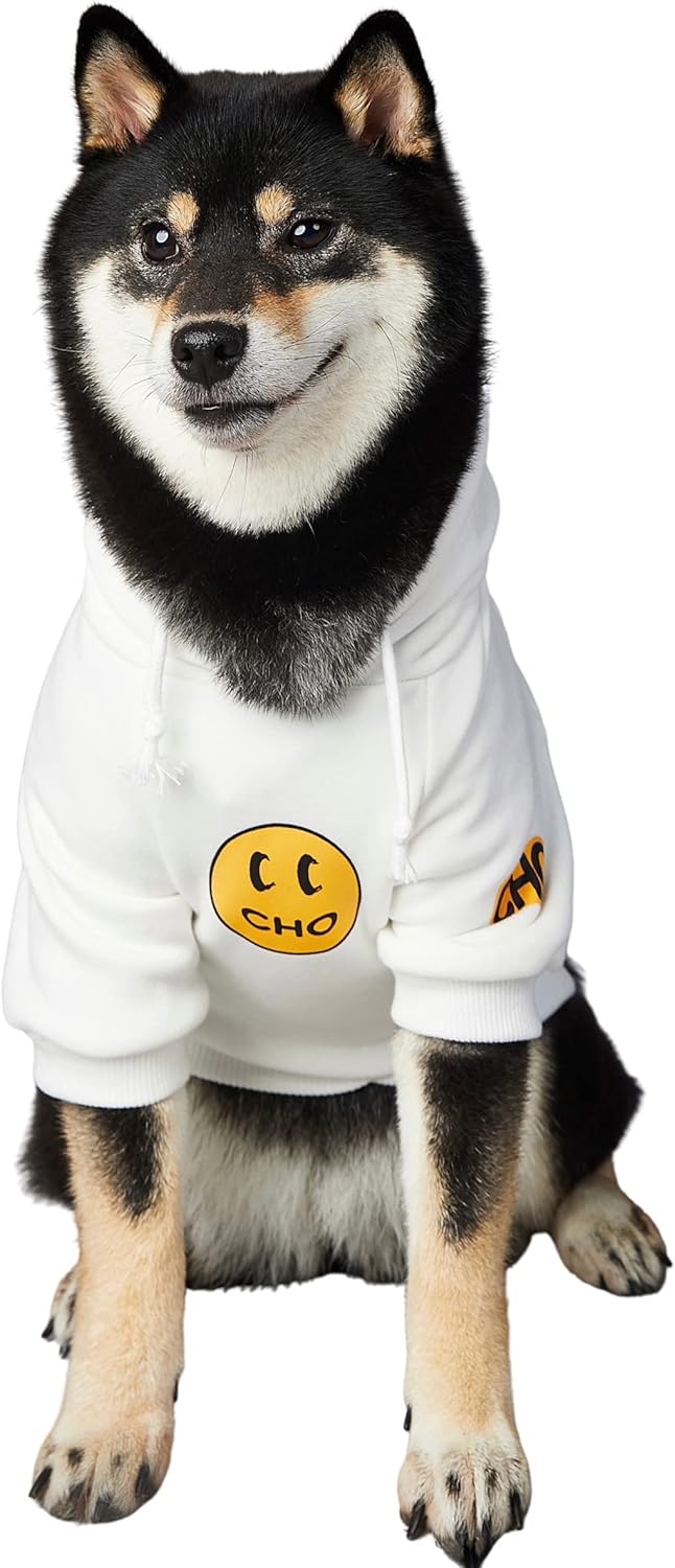 Smiley Face Dog Hoodie – Trendy Cotton Sweatshirt for Dogs & Cats (White, Large)