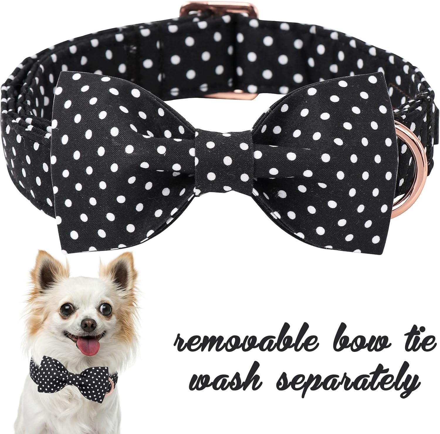 Black & White Polka Dot Dog Collar with Bow | Adjustable Cotton Puppy Collar – Snout & Whiskers