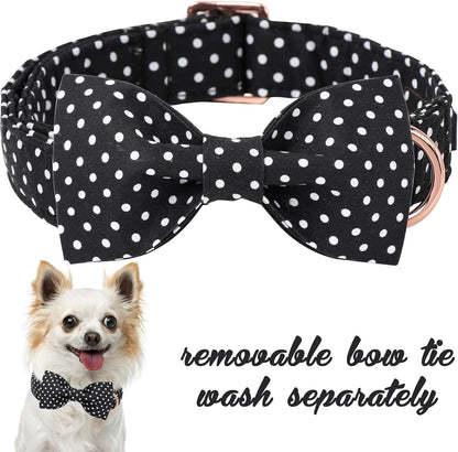Black & White Polka Dot Dog Collar with Bow | Adjustable Cotton Puppy Collar – Snout & Whiskers
