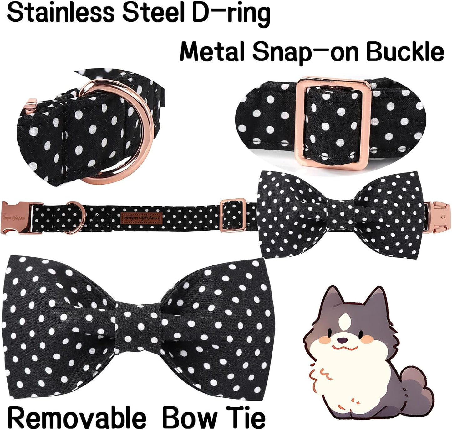 Black & White Polka Dot Dog Collar with Bow | Adjustable Cotton Puppy Collar – Snout & Whiskers