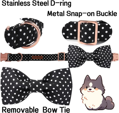 Black & White Polka Dot Dog Collar with Bow | Adjustable Cotton Puppy Collar – Snout & Whiskers